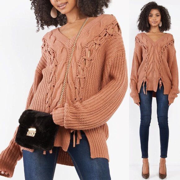 NEW Salmon Camel Laced Up Braid Cable Off Shoulder V Neck Longline Tunic Sweater - Picture 1 of 10